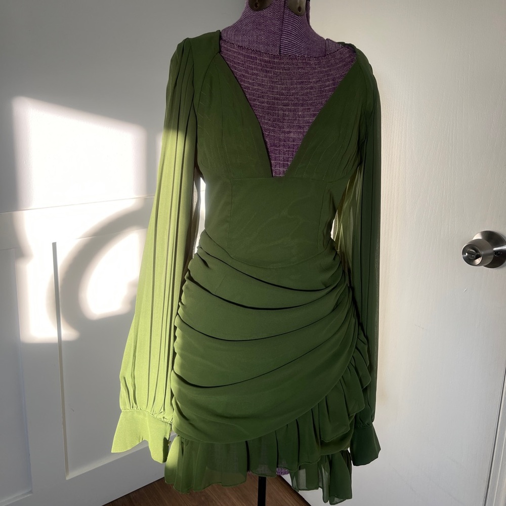 Olive Chiffon Pleated Balloon Sleeve Ruched Bodycon Dress